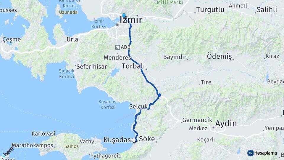 İzmir Bayraklı Kuşadası Aydın Arası Kaç Km - Yol Haritası