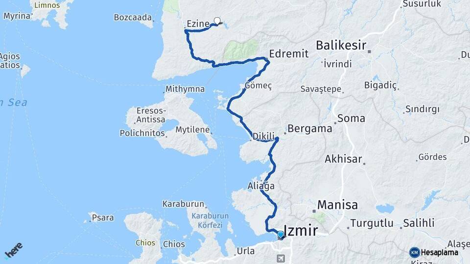 İzmir Bayramiç Çanakkale Arası Kaç Km - Yol Haritası