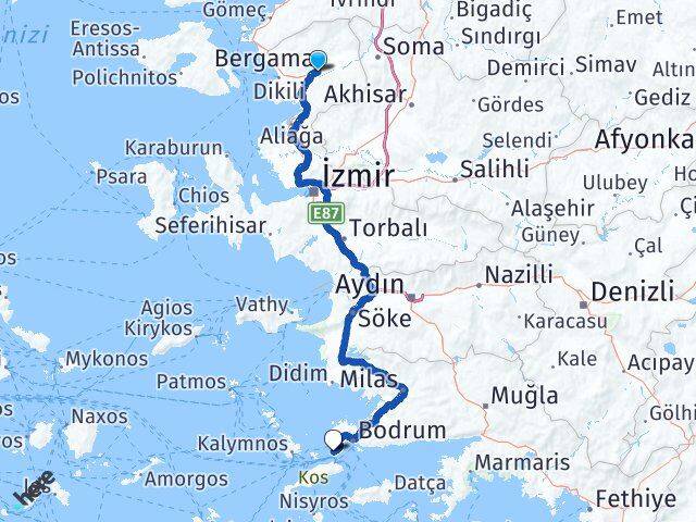 İzmir Bergama Akyarlar Bodrum Muğla Arası Kaç Km - Yol Haritası