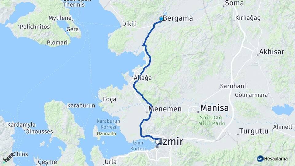 İzmir Bergama Alsancak Konak Arası Kaç Km - Yol Haritası
