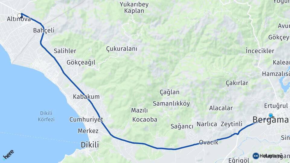 İzmir Bergama Altınova Ayvalık Balıkesir Arası Kaç Km - Yol Haritası