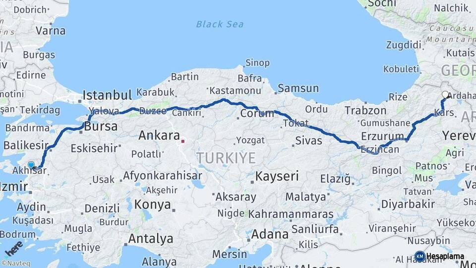 İzmir Bergama Ardahan Arası Kaç Km - Yol Haritası
