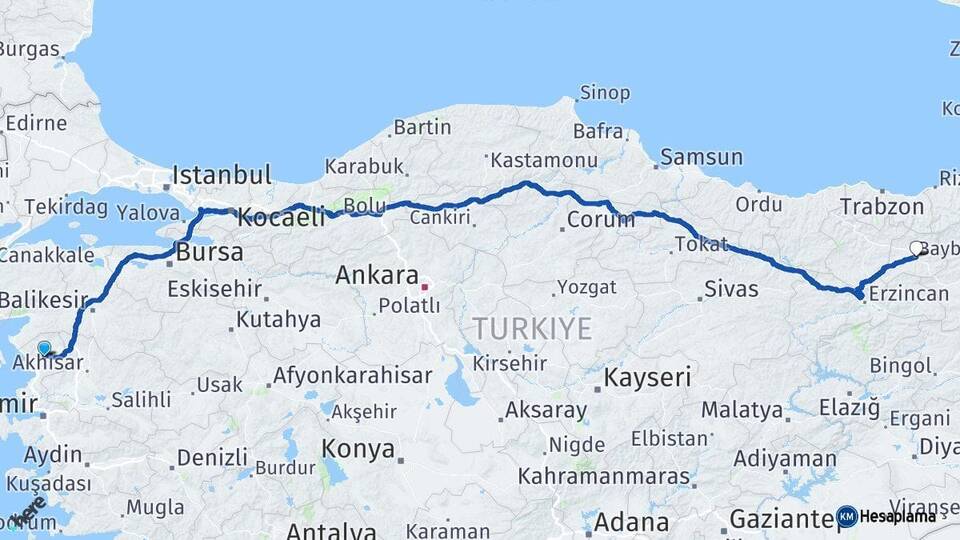 İzmir Bergama Bayburt Arası Kaç Km - Yol Haritası