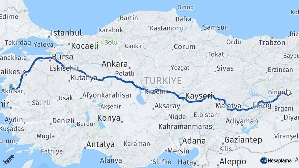 İzmir Bergama Bingöl Arası Kaç Km - Yol Haritası