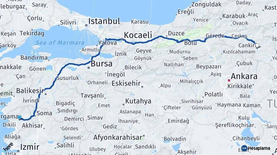 İzmir Bergama Çankırı Arası Kaç Km - Yol Haritası
