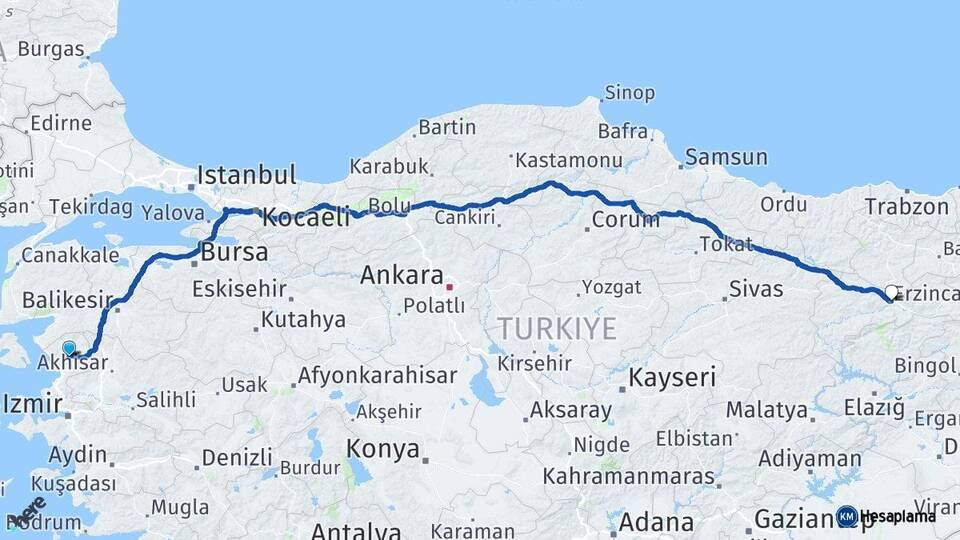 İzmir Bergama Erzincan Arası Kaç Km - Yol Haritası