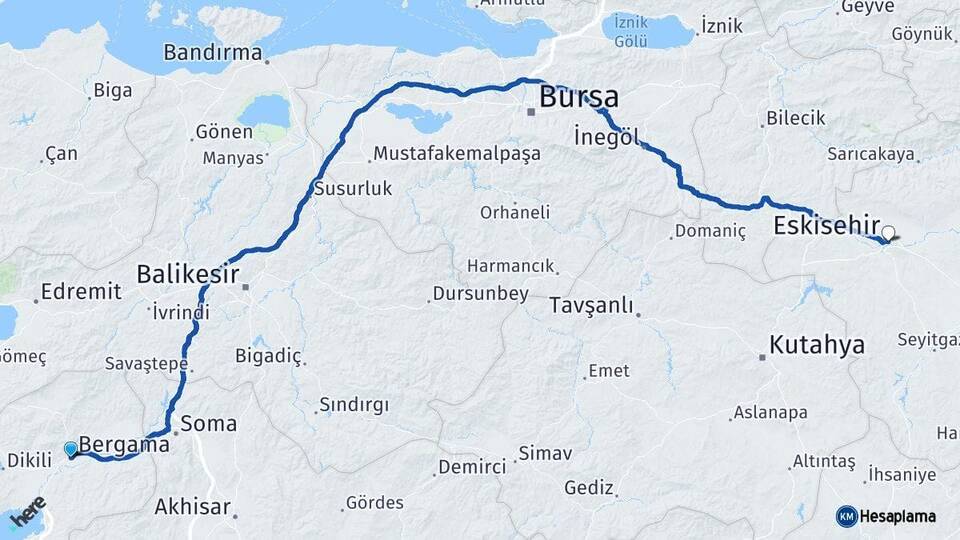 İzmir Bergama Eskişehir Arası Kaç Km - Yol Haritası