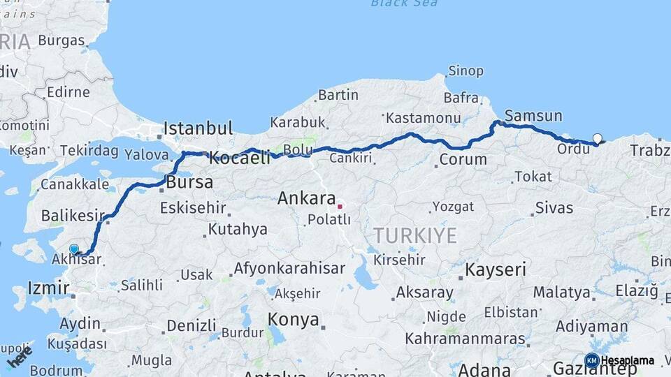 İzmir Bergama Giresun Arası Kaç Km - Yol Haritası