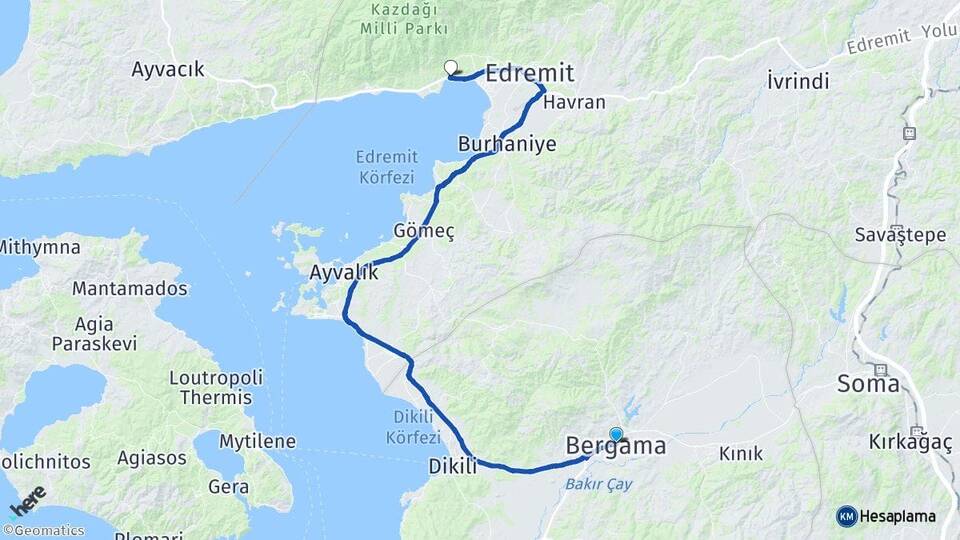 İzmir Bergama Güre Edremit Balıkesir Arası Kaç Km - Yol Haritası