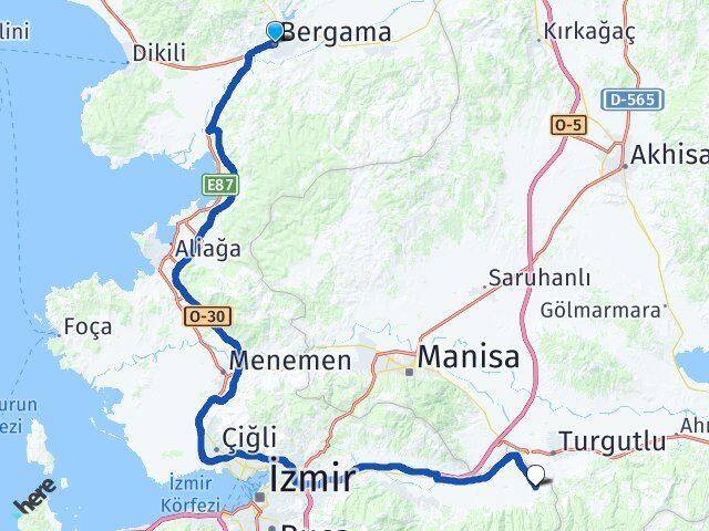İzmir Bergama Halilbeyli Kemalpaşa Arası Kaç Km - Yol Haritası