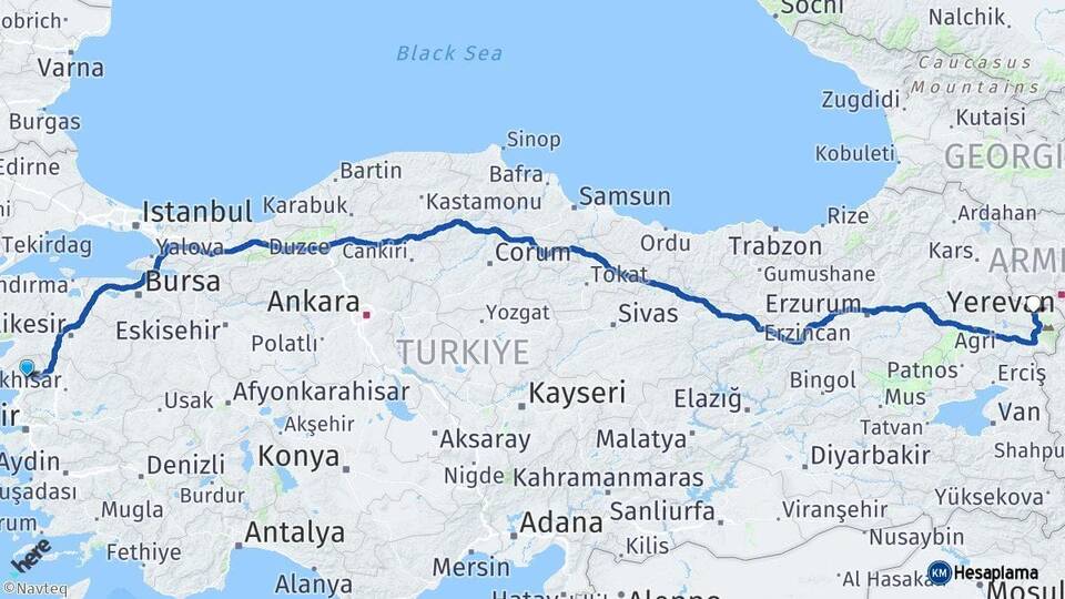 İzmir Bergama Iğdır Arası Kaç Km - Yol Haritası