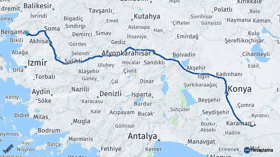 İzmir Bergama Karaman Arası Kaç Km - Yol Haritası