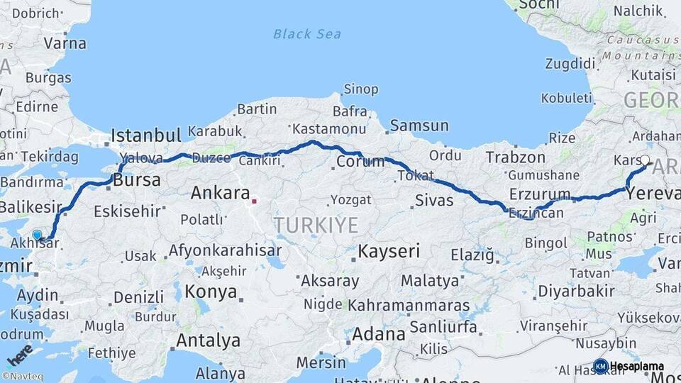 İzmir Bergama Kars Arası Kaç Km - Yol Haritası