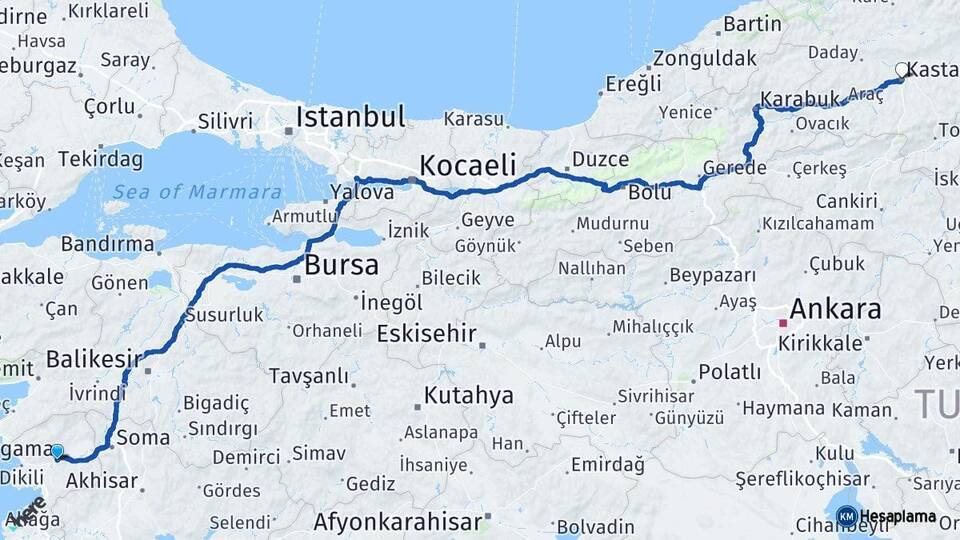 İzmir Bergama Kastamonu Arası Kaç Km - Yol Haritası