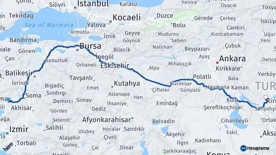 İzmir Bergama Kırşehir Arası Kaç Km - Yol Haritası