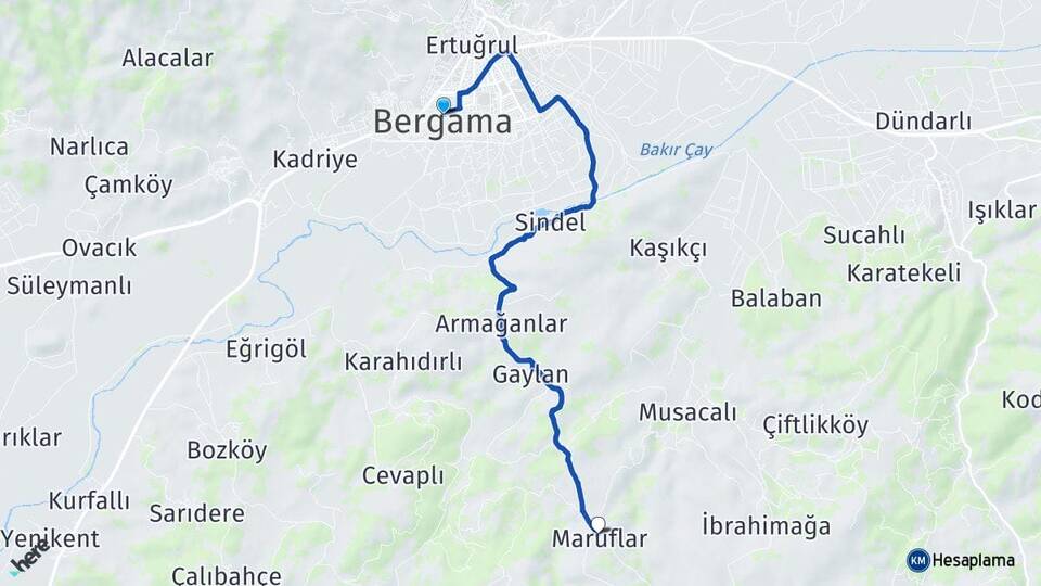 İzmir Bergama Maruflar Bergama Arası Kaç Km - Yol Haritası