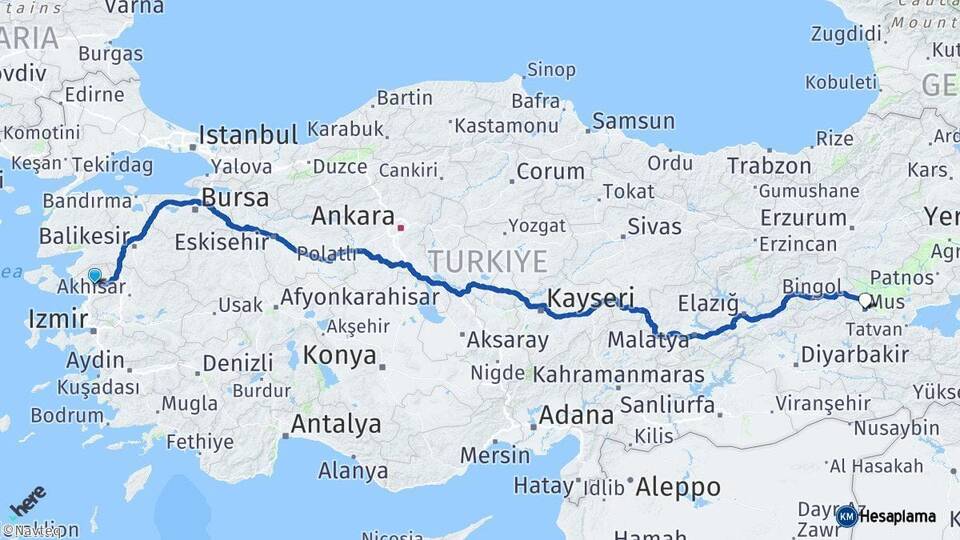 İzmir Bergama Muş Arası Kaç Km - Yol Haritası