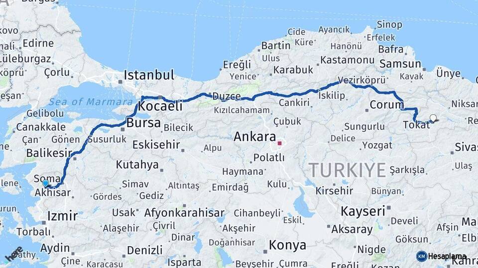 İzmir Bergama Tokat Arası Kaç Km - Yol Haritası