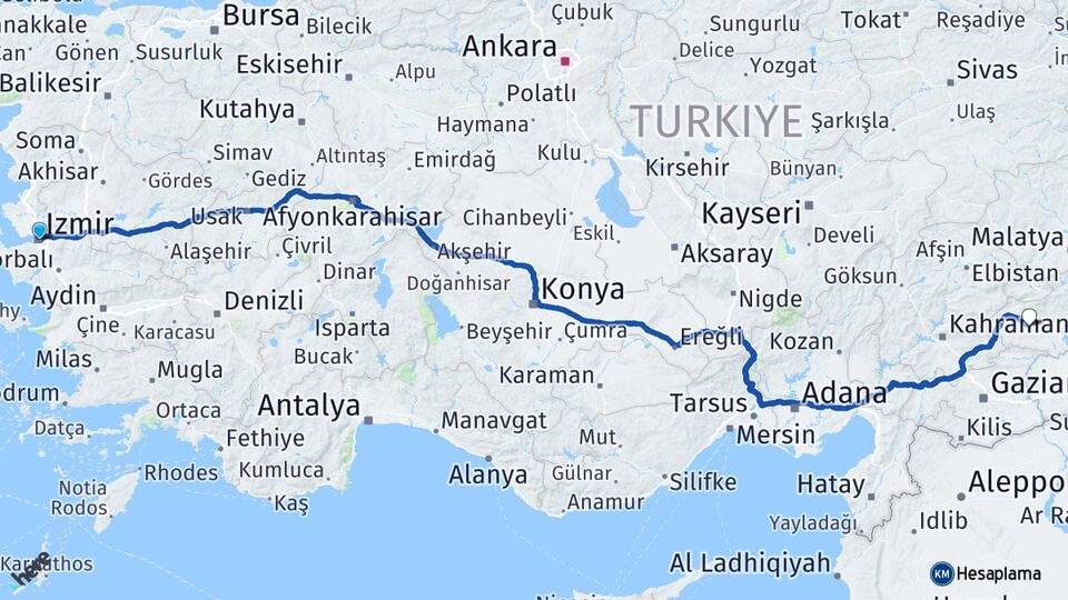 İzmir Besni Adıyaman Arası Kaç Km - Yol Haritası