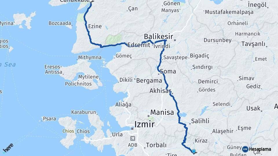 İzmir Beydağ Çanakkale Arası Kaç Km - Yol Haritası