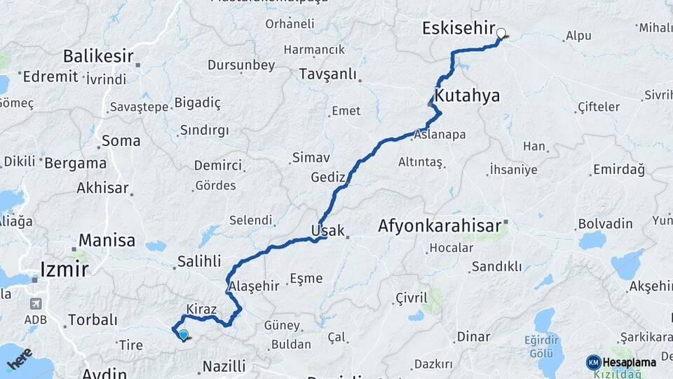 İzmir Beydağ Eskişehir Arası Kaç Km - Yol Haritası