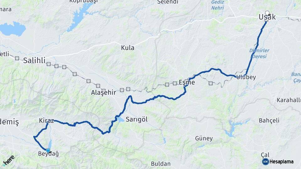 İzmir Beydağ Uşak Arası Kaç Km - Yol Haritası