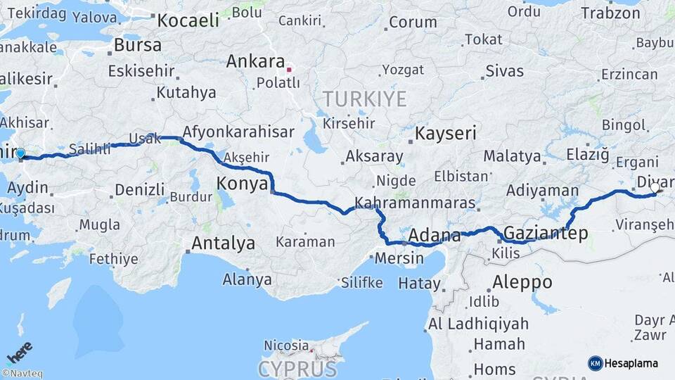 İzmir Bismil Diyarbakır Arası Kaç Km - Yol Haritası