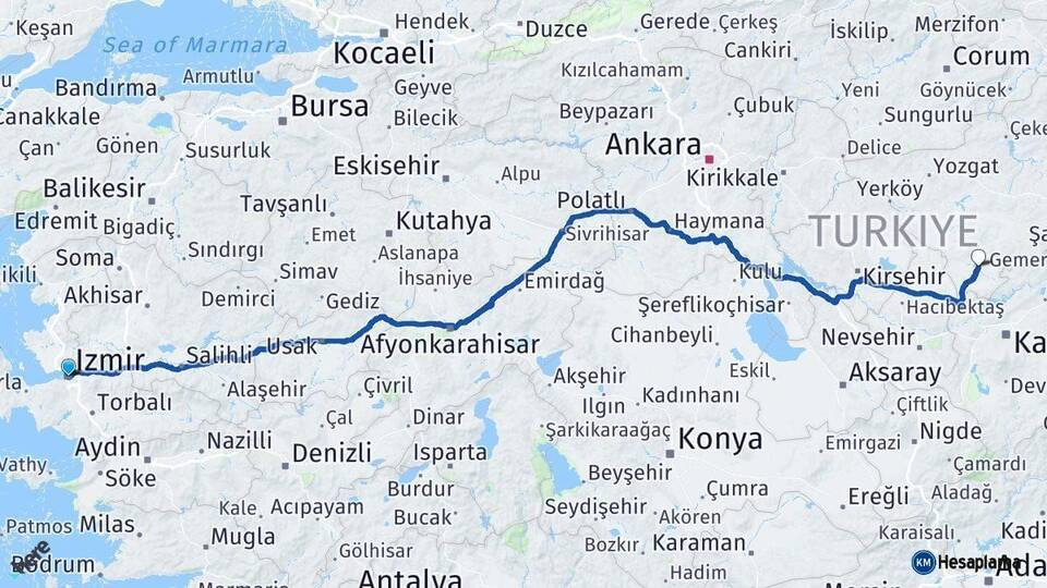 İzmir Boğazlıyan Yozgat Arası Kaç Km - Yol Haritası