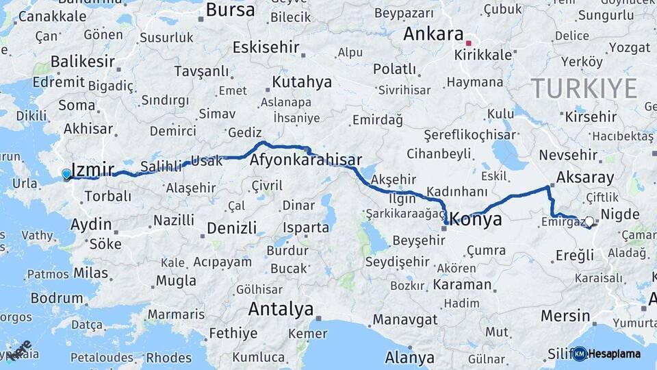 İzmir Bor Niğde Arası Kaç Km - Yol Haritası