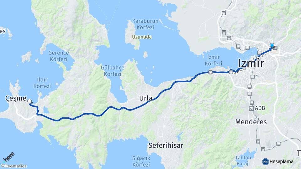İzmir Bornova Ilıca Çeşme Arası Kaç Km - Yol Haritası