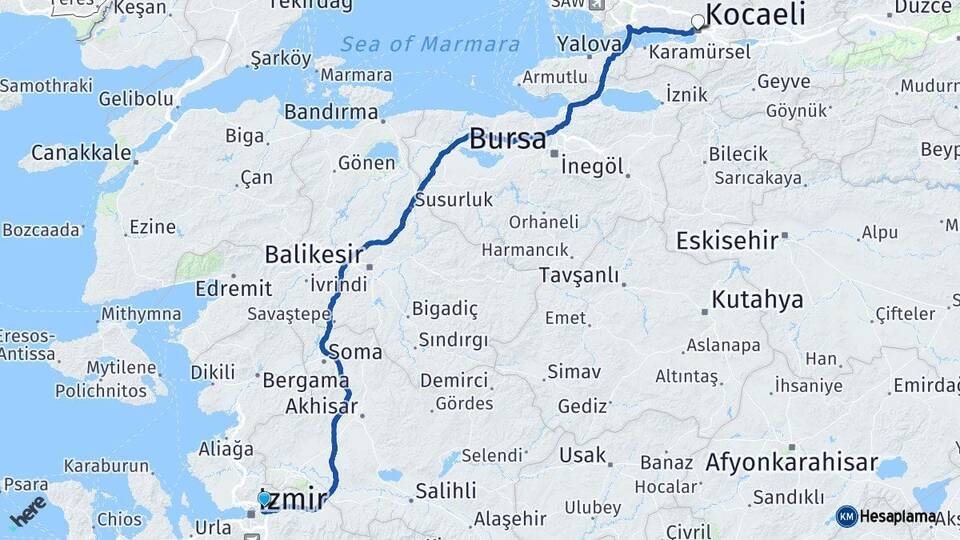 İzmir Bornova Kocaeli Arası Kaç Km - Yol Haritası