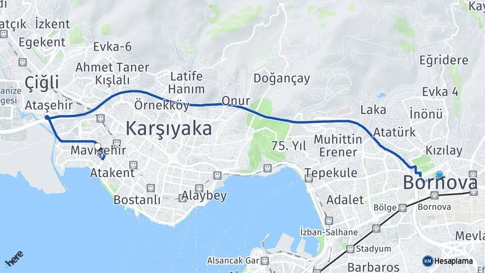 İzmir Bornova Mavişehir Karşıyaka Arası Kaç Km - Yol Haritası