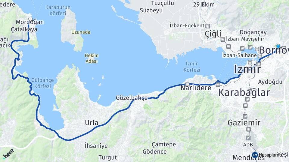 İzmir Bornova Mordoğan Karaburun Arası Kaç Km - Yol Haritası