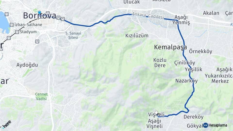 İzmir Bornova Vişneli Kemalpaşa Arası Kaç Km - Yol Haritası