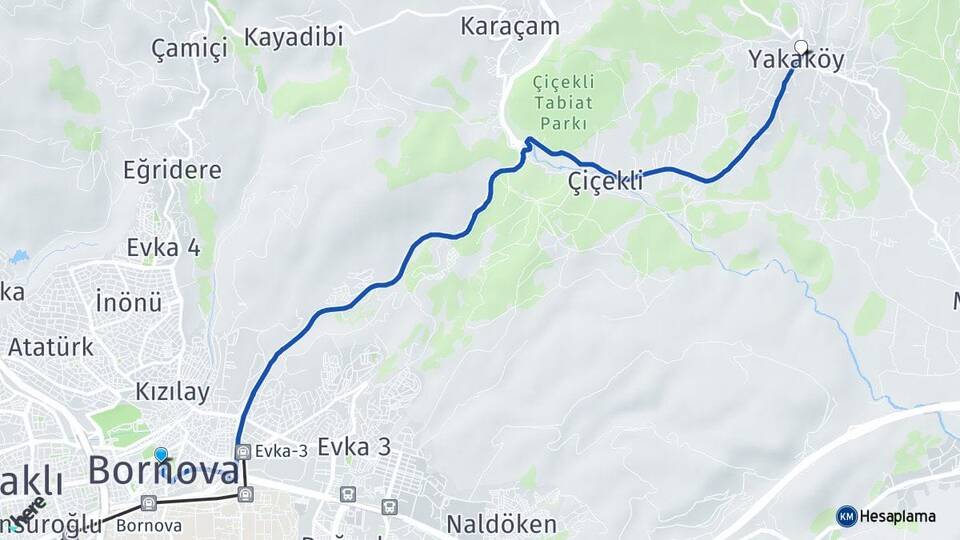 İzmir Bornova Yakaköy Bornova Arası Kaç Km - Yol Haritası
