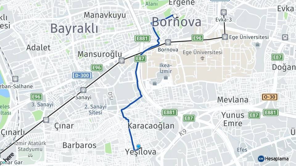 İzmir Bornova Yeşilova Bornova Arası Kaç Km - Yol Haritası