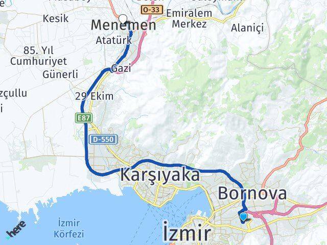 İzmir Bornova Yeşilova Menemen Arası Kaç Km - Yol Haritası