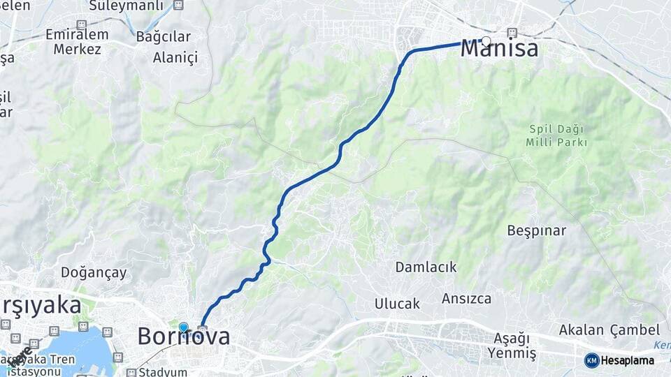 İzmir Bornova Yunusemre Manisa Arası Kaç Km - Yol Haritası