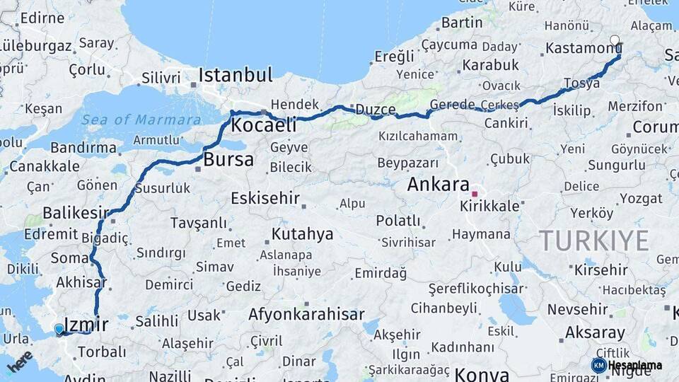 İzmir Boyabat Sinop Arası Kaç Km - Yol Haritası