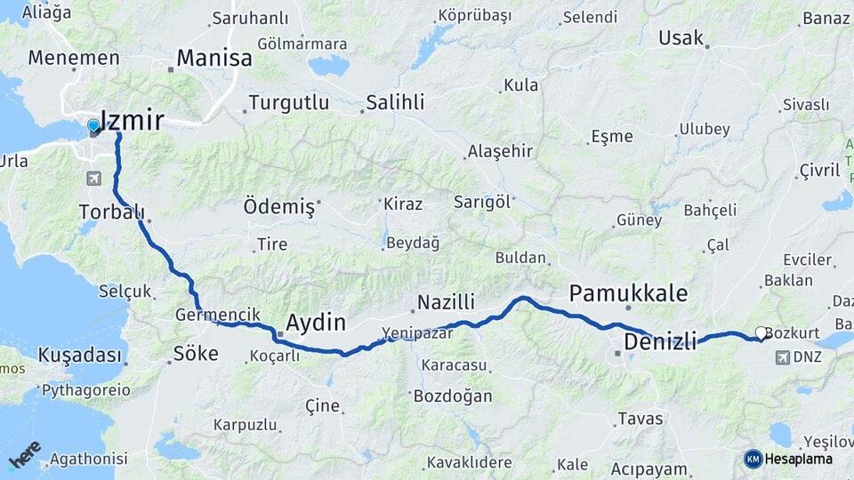 İzmir Bozkurt Denizli Arası Kaç Km - Yol Haritası