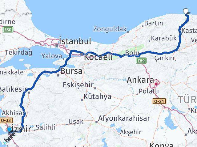 İzmir Bozkurt Kastamonu Arası Kaç Km - Yol Haritası