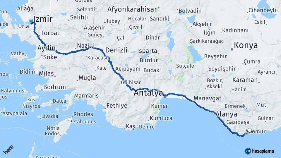 İzmir Bozyazı Mersin Arası Kaç Km - Yol Haritası