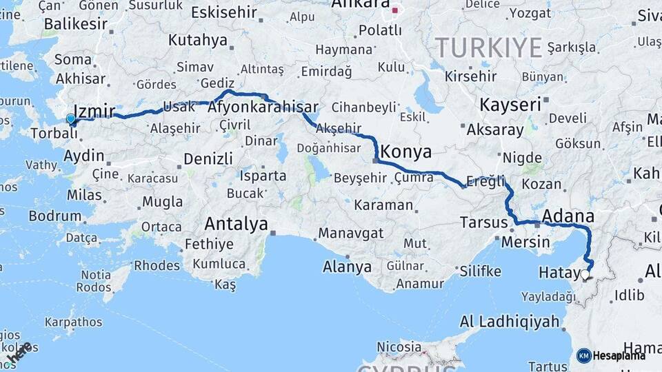 İzmir Buca Hatay Arası Kaç Km - Yol Haritası