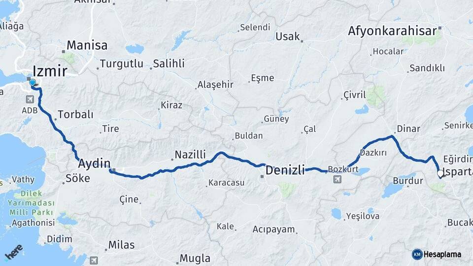 İzmir Buca Isparta Arası Kaç Km - Yol Haritası