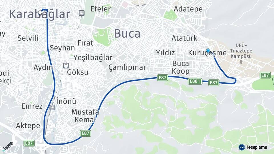 İzmir Buca Kuruçeşme Karabağlar Arası Kaç Km - Yol Haritası