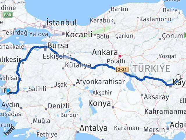 İzmir Bünyan Kayseri Arası Kaç Km - Yol Haritası