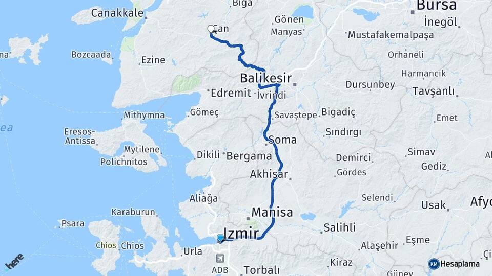 İzmir Çan Çanakkale Arası Kaç Km - Yol Haritası