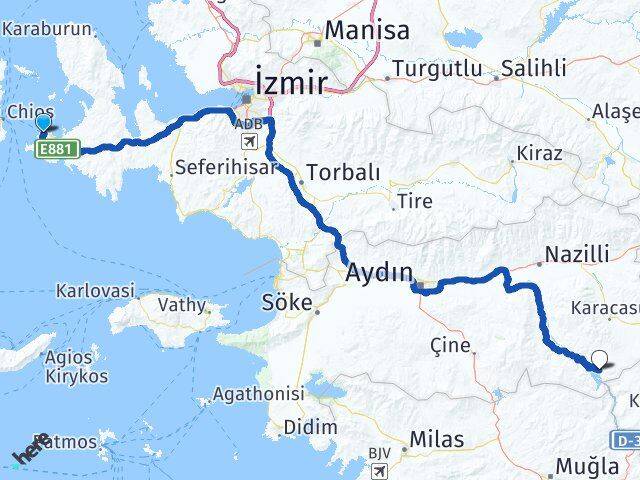 İzmir Çeşme Akyaka Bozdoğan Aydın Arası Kaç Km - Yol Haritası