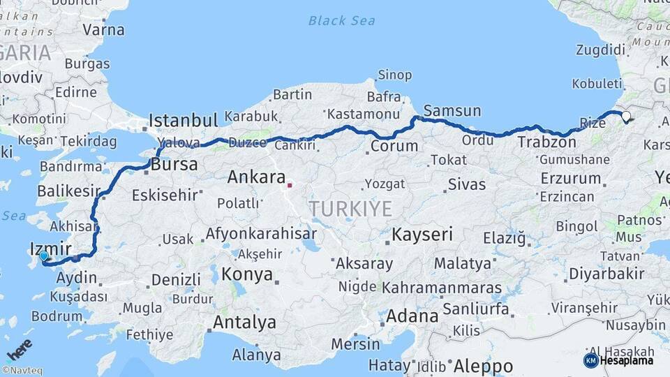 İzmir Çeşme Artvin Arası Kaç Km - Yol Haritası