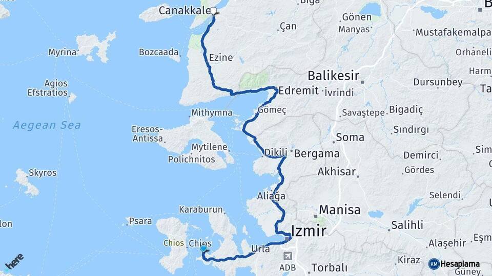 İzmir Çeşme Çanakkale Arası Kaç Km - Yol Haritası